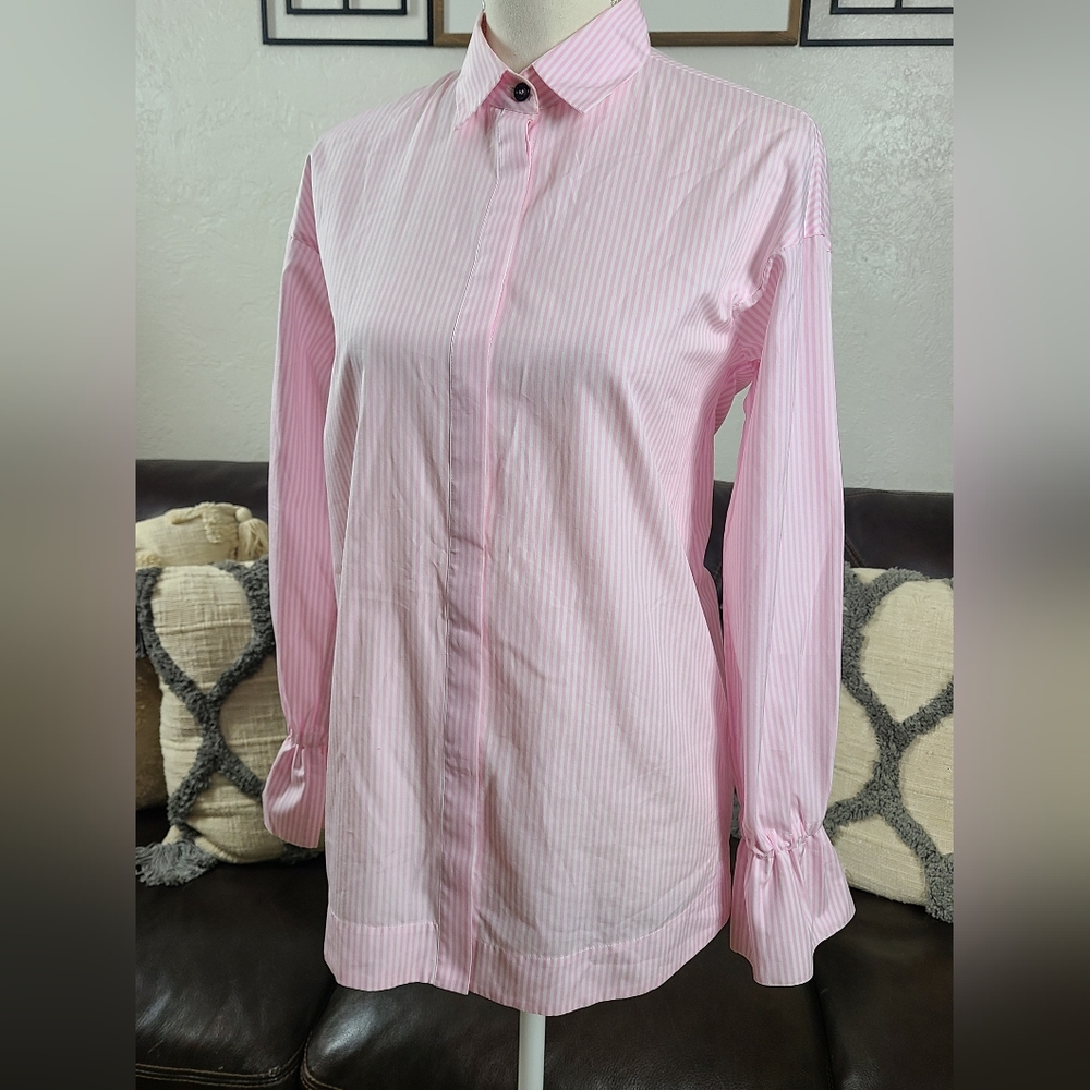 BOGNER Sophie Pink & White Striped Button-Up‎ Cotton Shirt With Drawstring Cuffs